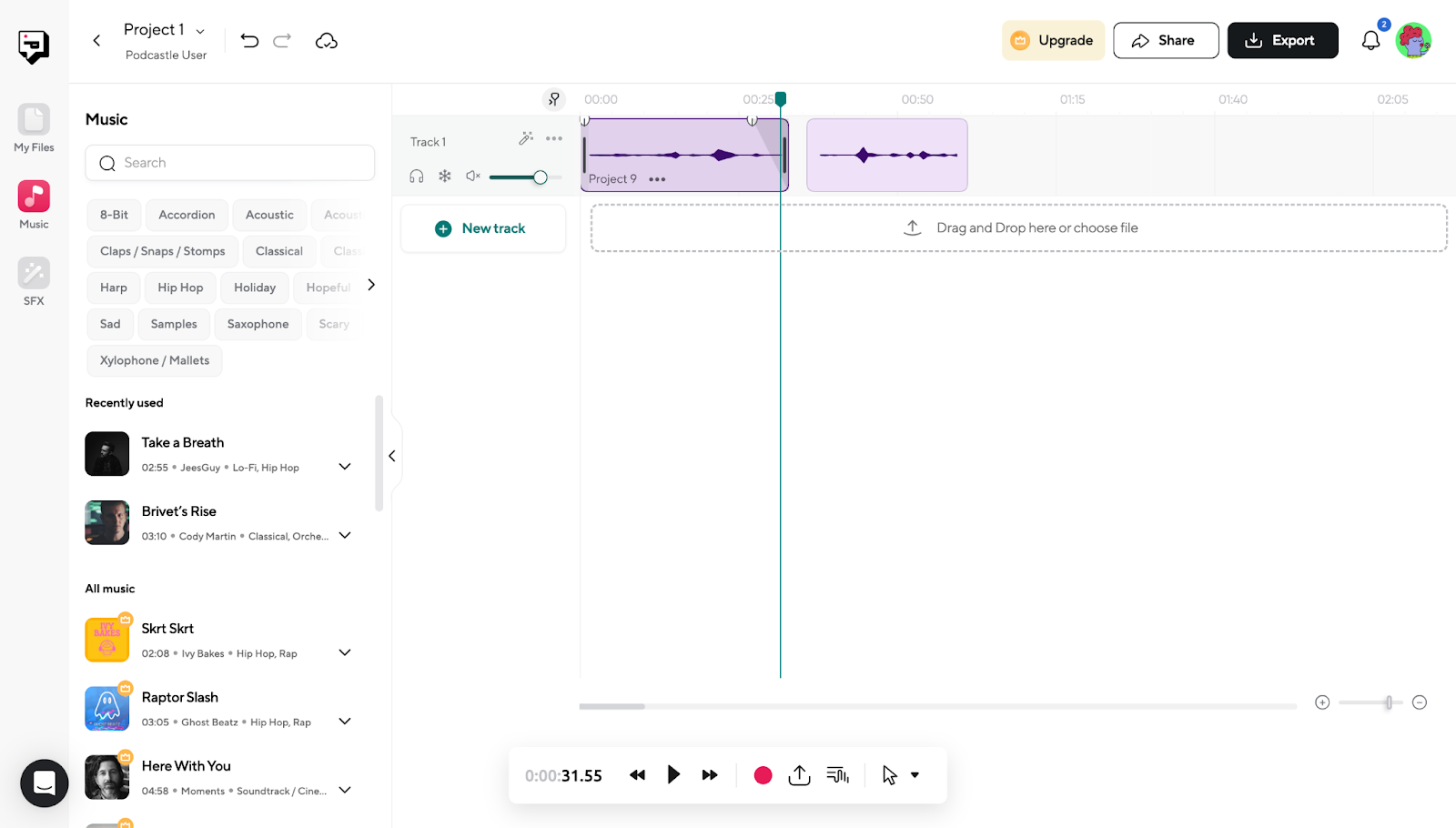 Podcastle’s library of royalty-free music and sound effects, displaying options for adding background music or sound effects to a podcast