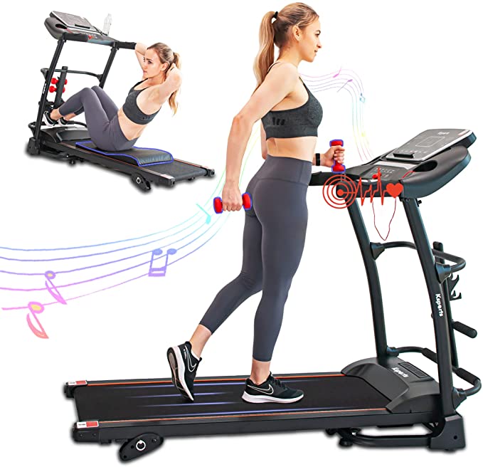 Ksports Treadmill Bundle Comprising of Electric Folding Incline Treadmill with Auto/Manual Incline Sit Ups Rack & Ab Mat, Dumb Bells for Home Office Gym Small Spaces, Running Machine with Smart APP