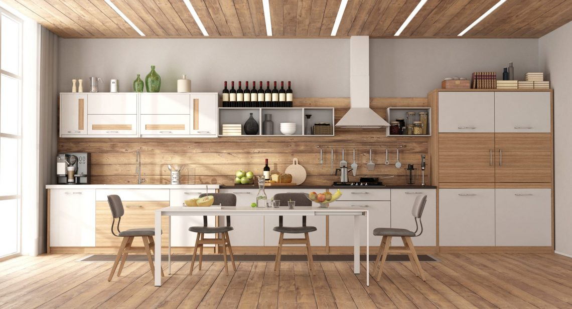 Trần ốp gỗ là một lựa chọn tuyệt vời cho phòng bếp, giúp mang đến cảm giác ấm áp và sang trọng cho không gian nấu nướng. 