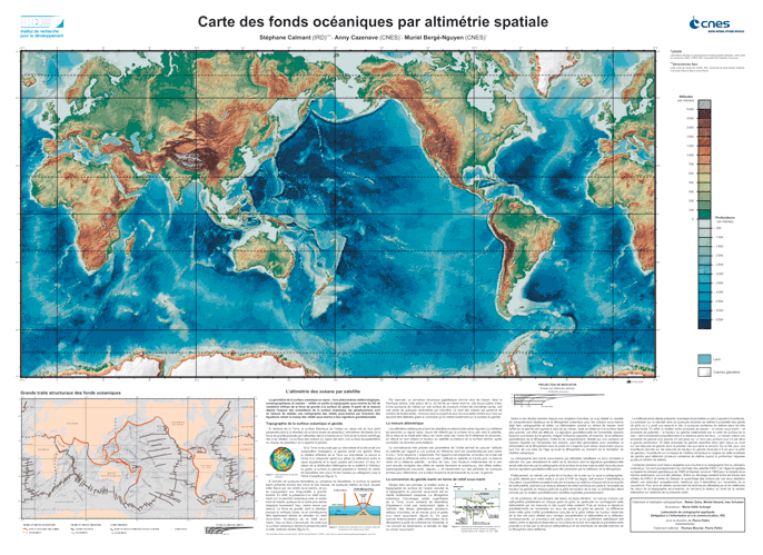 Carte des fonds océaniques par altimétrie spatiale.  Crédit : IRD 2006