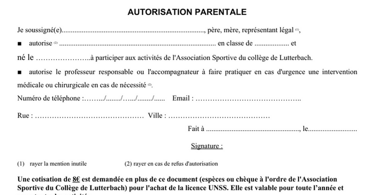 Mod Le Certificat M Dical Autorisation Parentale Unss Google Docs