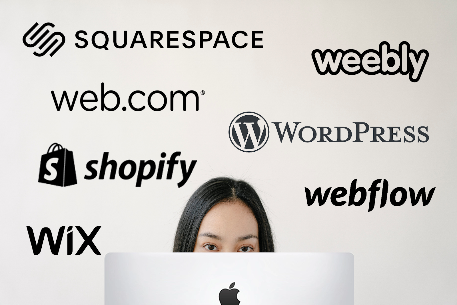 woman behind computer with web builder logos above her