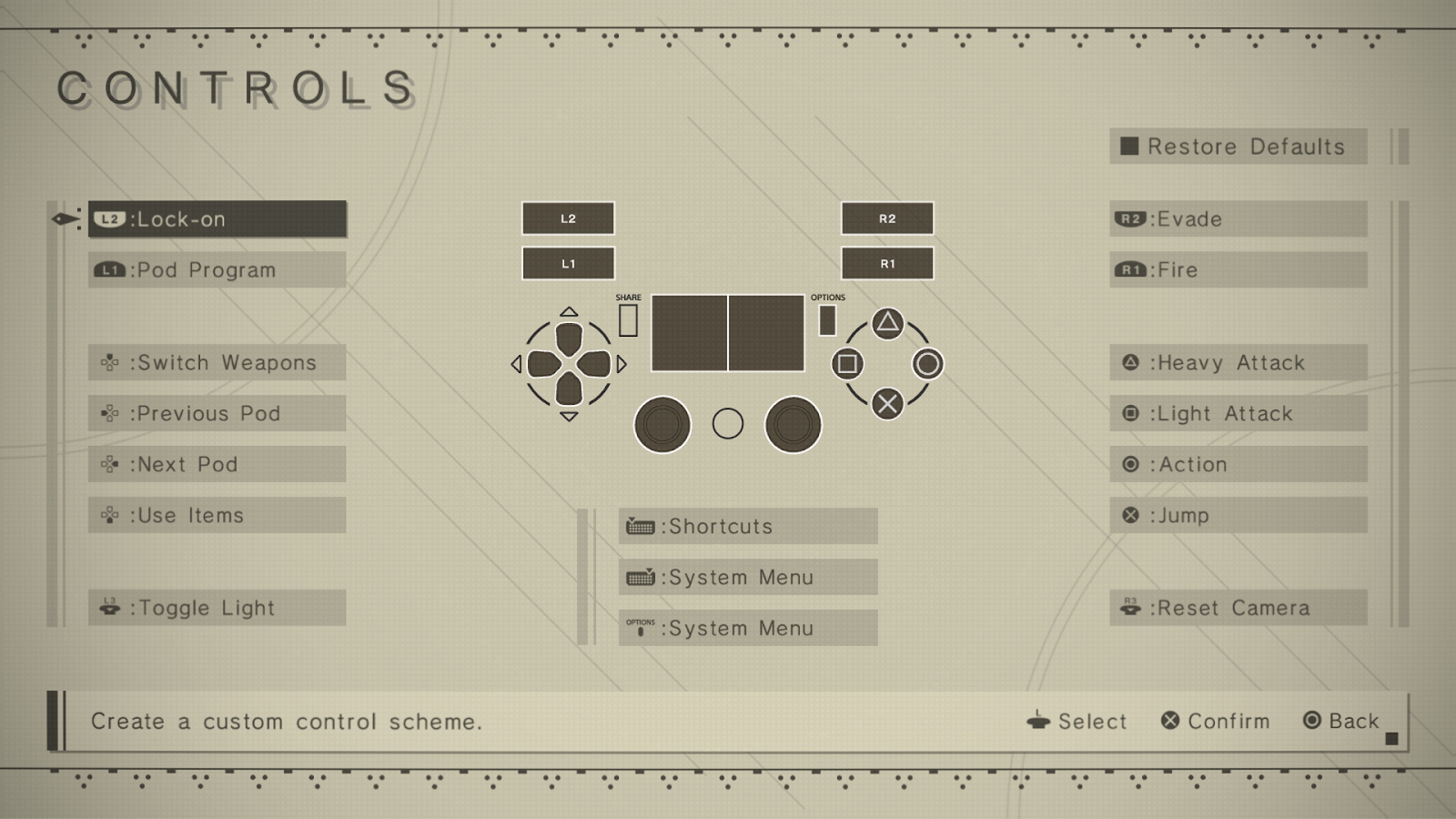 Nier Automata Controls Menu