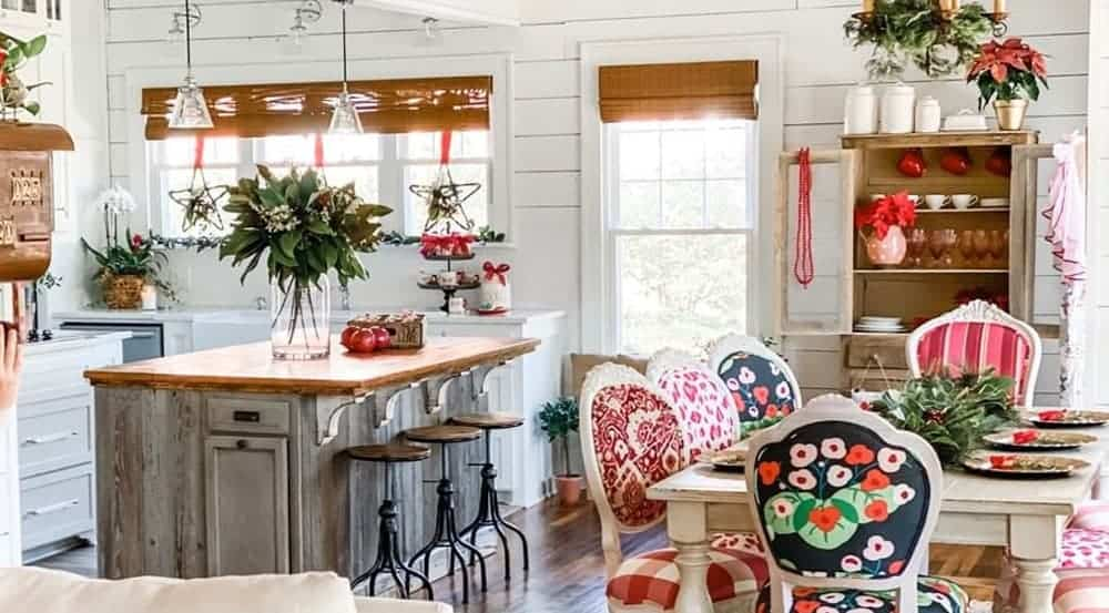 Granny chic kitchen and dining interiors with Christmas-themed patterns, decor, and upholstery