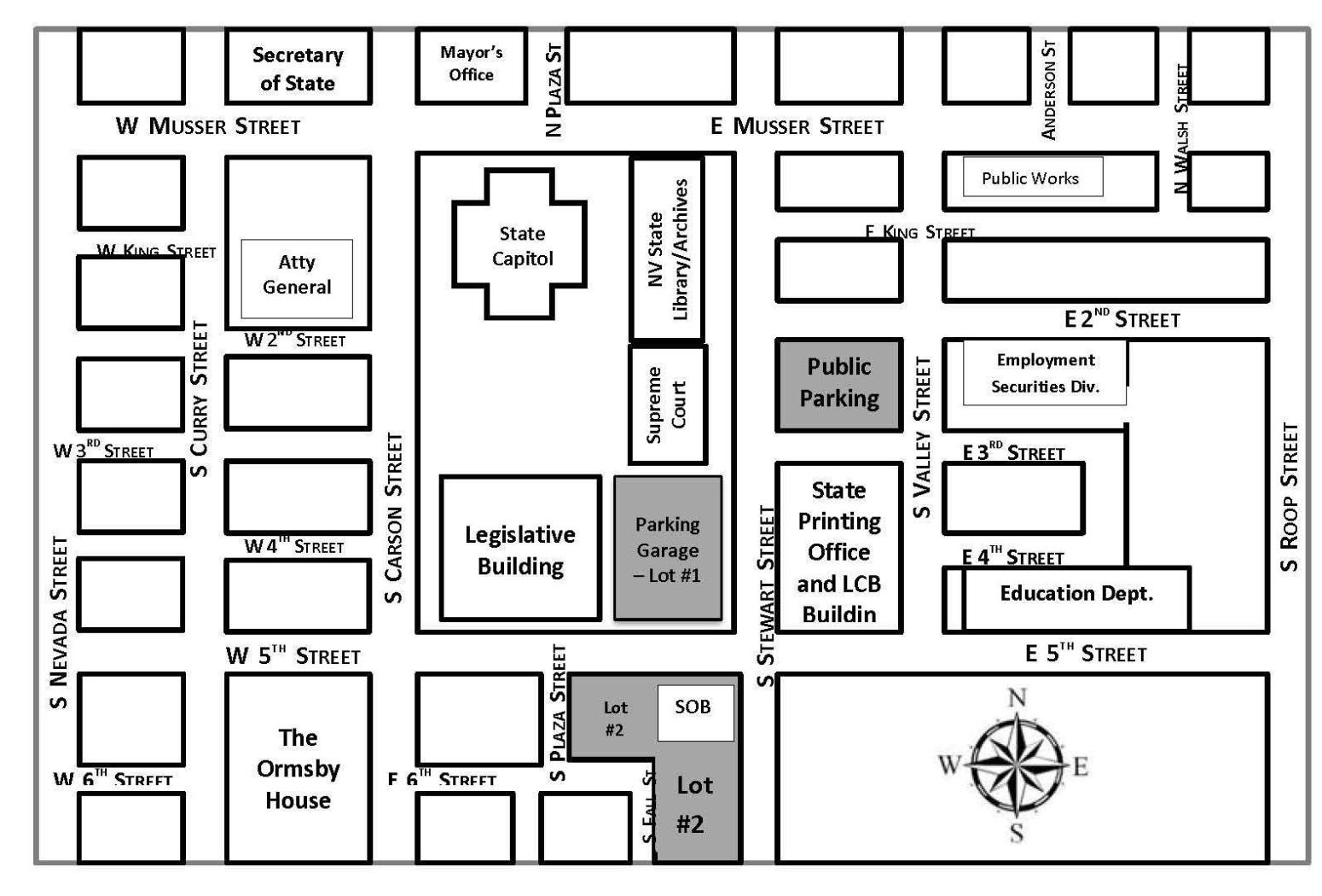 Public parking is available in three parking lots. Parking lot #1 is the parking garage located at the NW corner of S Stewart Street and E 5th Street. Parking lot #2 is located next to the Sedway Office Building (SOB) on the SW corner of E 5th Street and S Plaza Street. Parking lot #3 is located at the SE corner of S Stewart Street and E 2nd Street. Other city owned lots and private lots are available throughout the downtown area. Public spaces are also available on many of the streets.