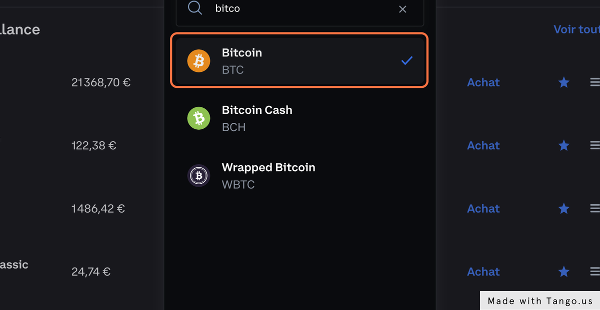 Clique sur la crypto-monnaies souhaitée, ici le Bitcoin.