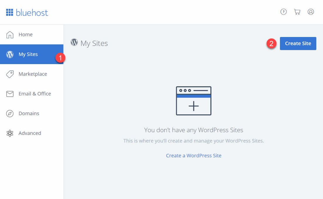 Bluehost My Sites screen when learning how to create a website