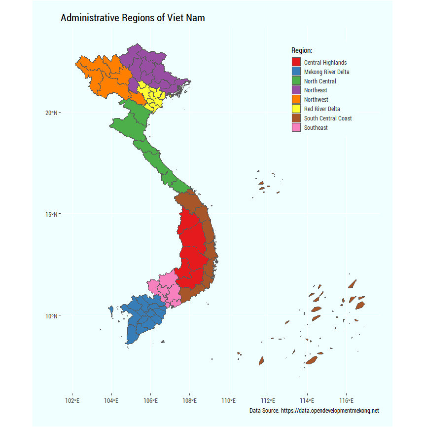 Vietnam, with Central Highlands and Southeast regions located near the end of the country. (Source: Internet)