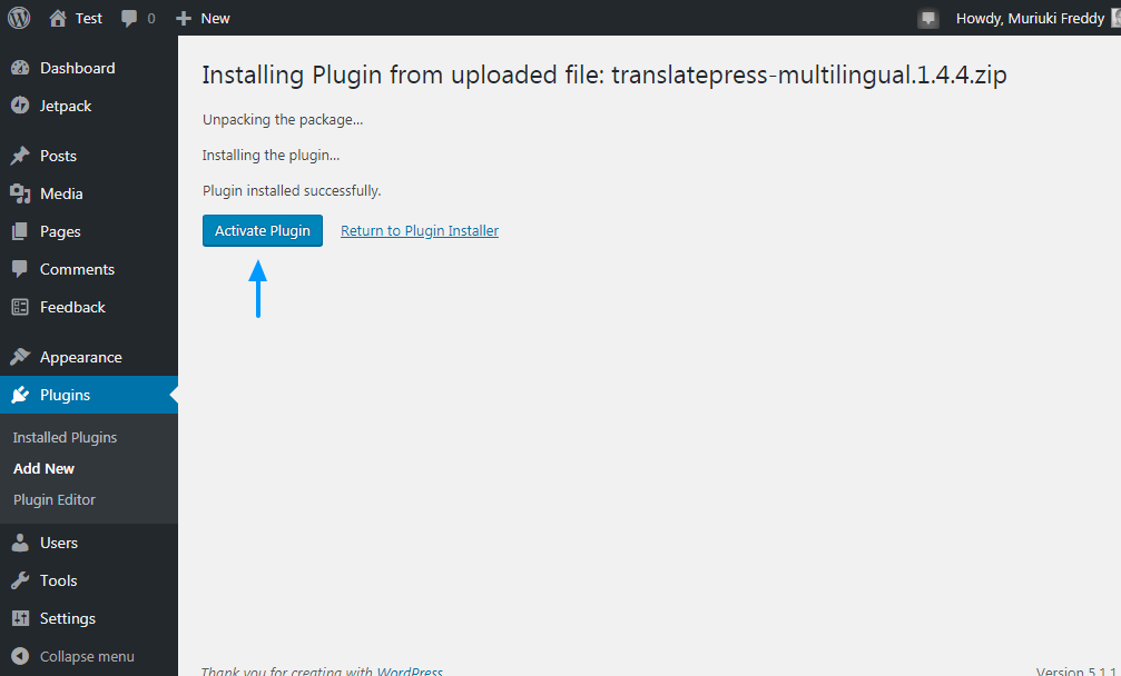 ativando o plugin wordpress translatepress