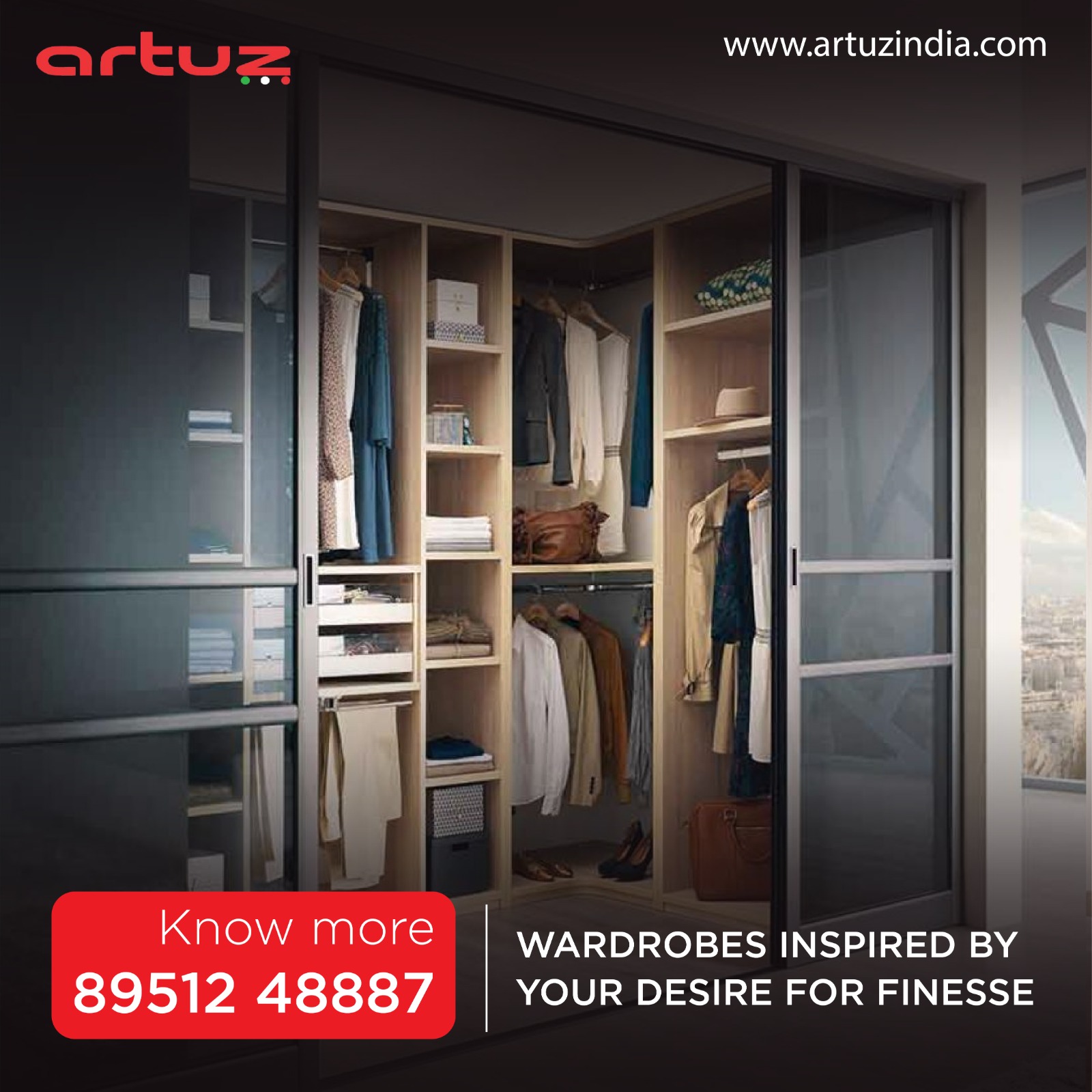 Artuz offers Lacquered Glass Sliding Wardrobe Shutters in Bangalore, Slim Glass wardrobe door manufacturers with a shiny and rich finish to your sliding mechanism.