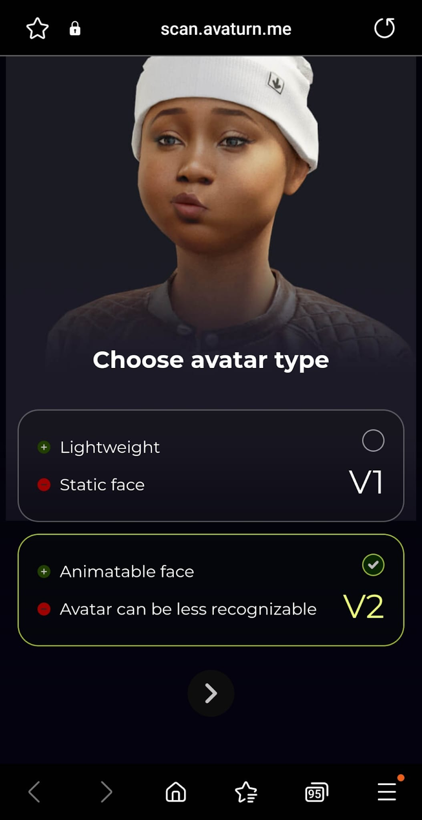 The screen where users are able to select their avatar type either lightweight and animatable face. 