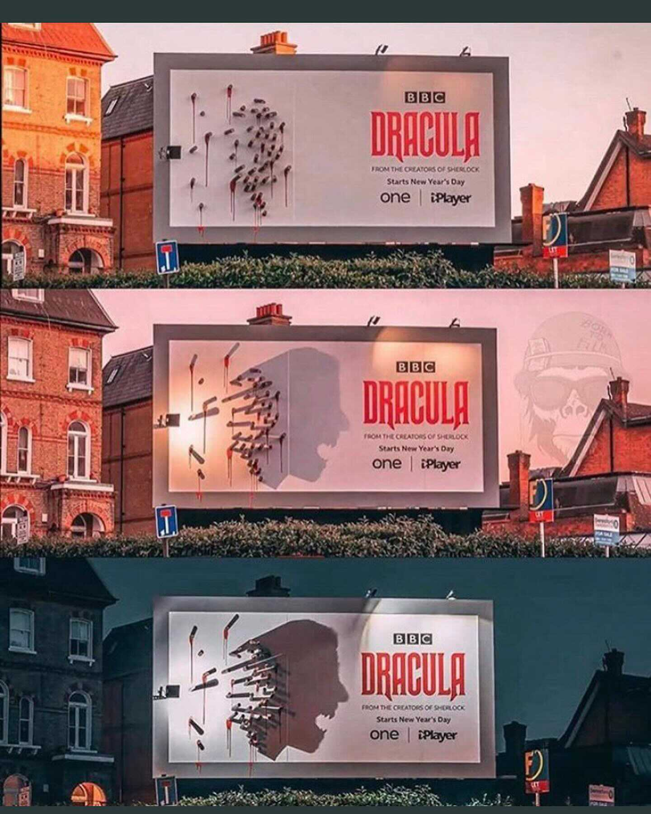 The innovative Dracula billboard that shows the transformation of an almost bland billboard with a few stakes lodged into it. This changes at night when the stakes create the iconic silhouette of Dracula.