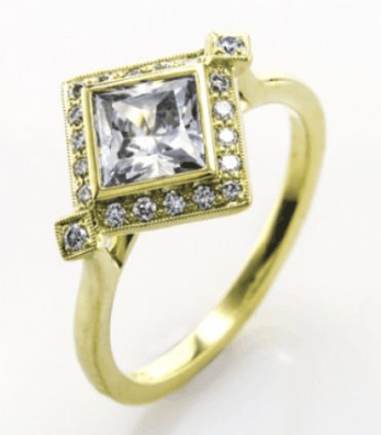 Princess cut bezel set halo engagement ring