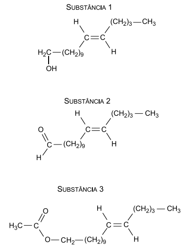 Imagem mostrando 3 diferentes substâncias orgânicas

substância 1
HO-CH2-(CH2)9-CH=CH-(CH2)3-CH3

substância 2
HOC-(CH2)9-CH=CH-(CH2)3-CH3

substância 3
H3CCOO-CH2-(CH2)9-CH=CH-(CH2)3-CH3