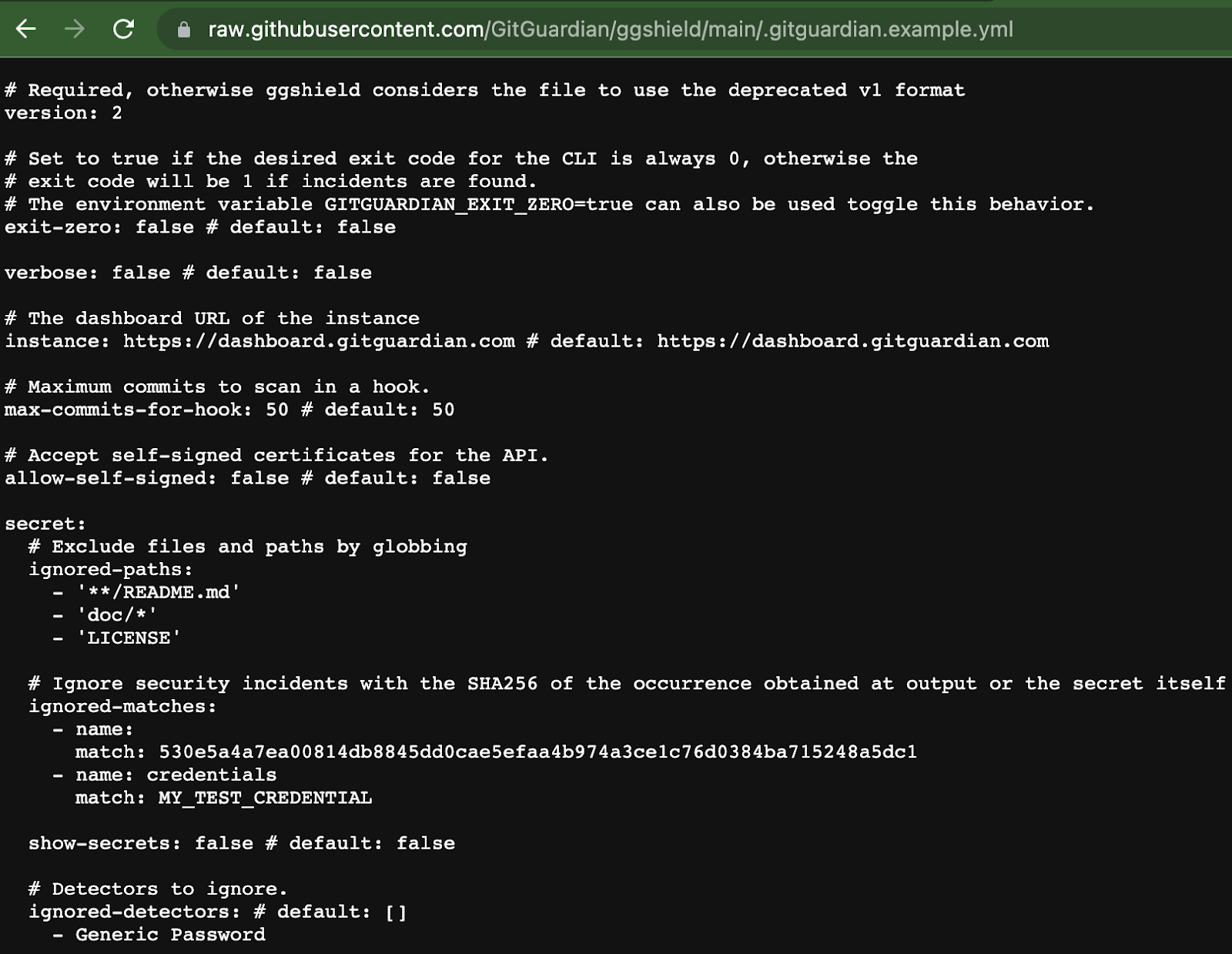 gitguardian.example.yml file on GitHub.com