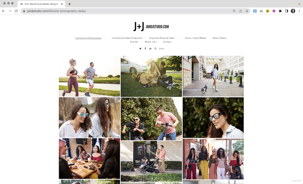A screenshot of Jason's website after implementing suggestions from the web assessment. You can see his logo with some drop down menues for his different portfolio. The landing page also features a grid of different lifestyle images, including people running, a couple playing guitar, a woman walking her dog, friends at a dinner table, a couple walking their baby in a stroller, etc.