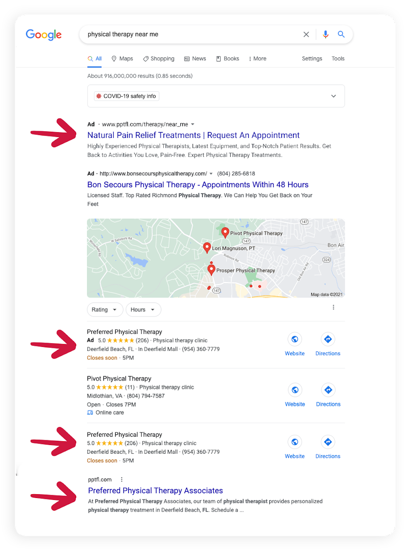 preferred physical therapy google ads results