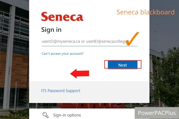 Provide your email address at UserID@myseneca.ca or UserID@senecacollege.ca, then Click “Next” button
