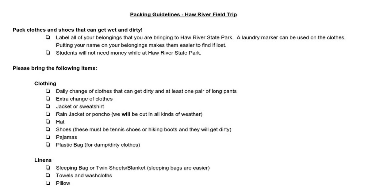 Packing Guidelines - Haw River Field Trip 2015