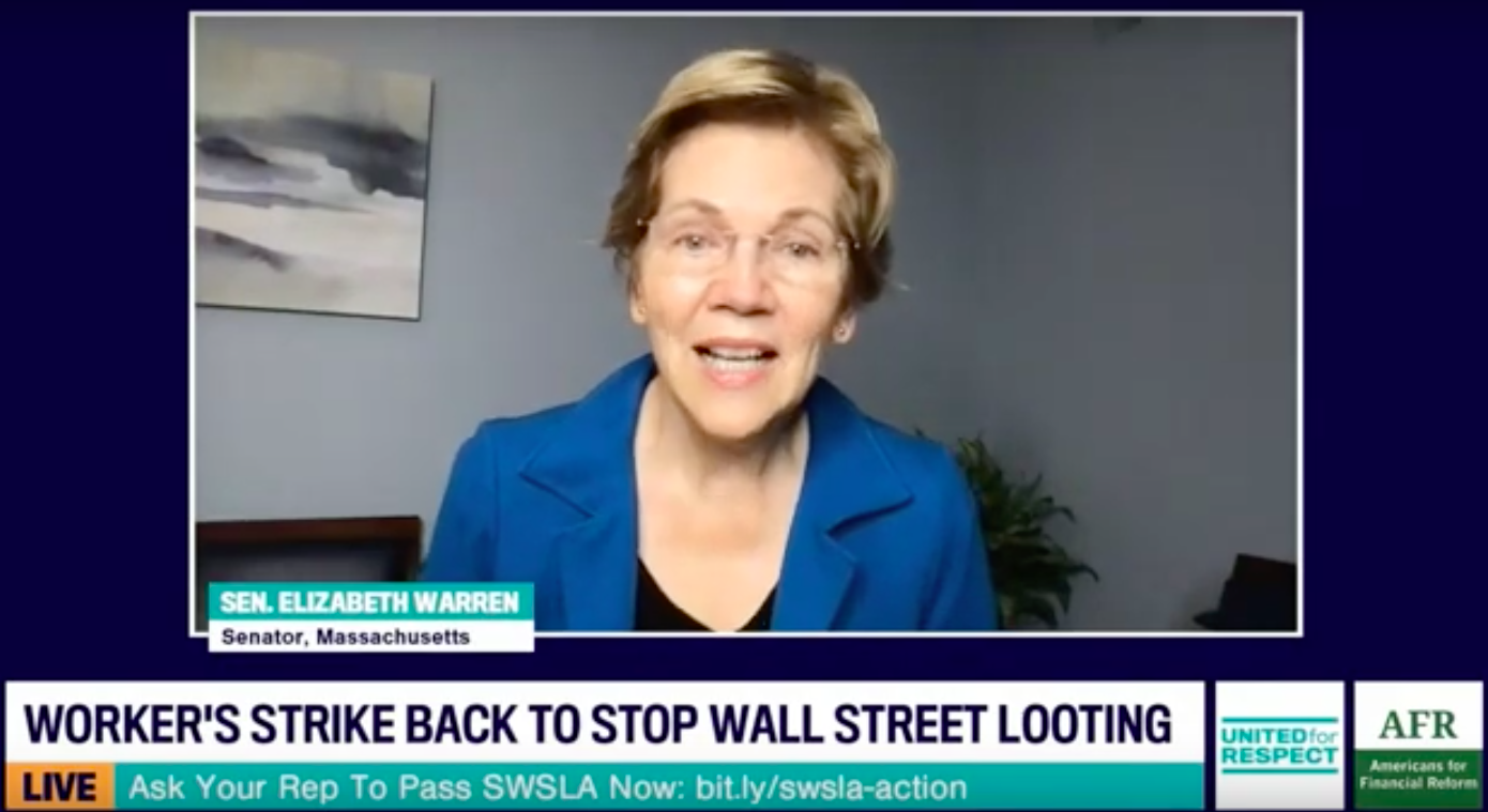 Senator Elizabeth Warren for United for Respect and AFR. Ticket reads "WORKER'S STRIKE BACK TO STOP WALL STREET LOOTING"