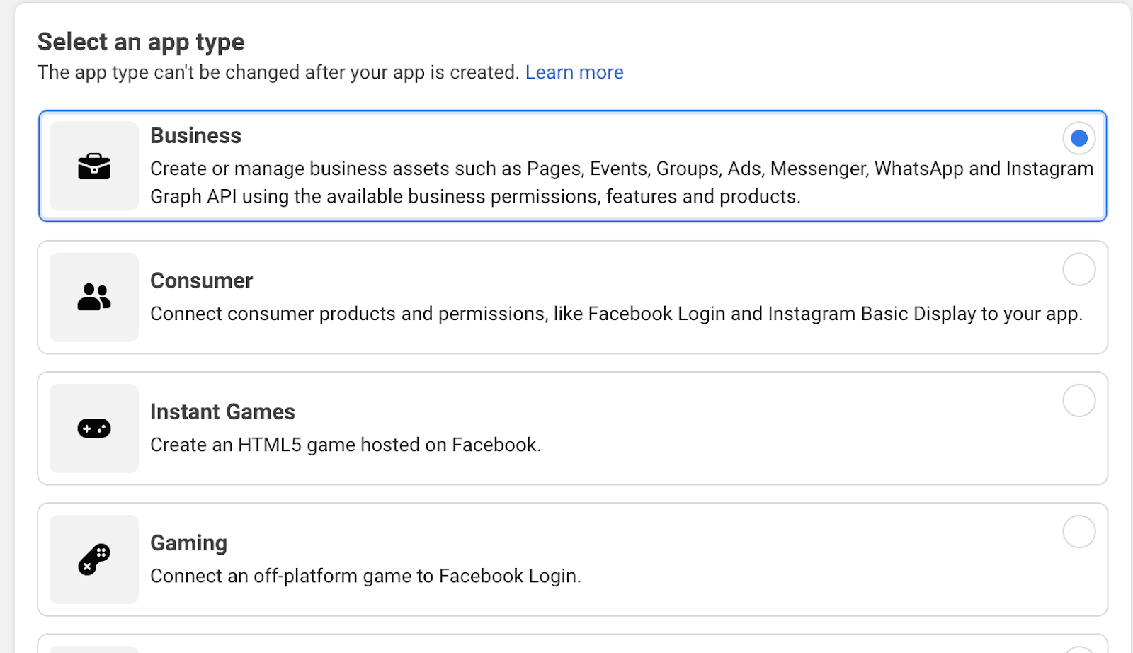 Steps to enable Facebook business verification: Selecting an app type