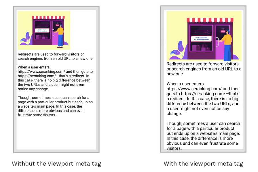Example of page with and without the viewport meta tag