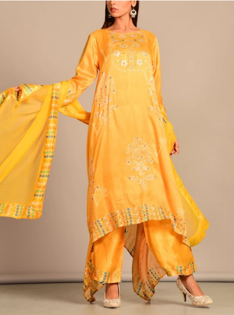 Mango Yellow Printed Hand Embroidery Kaftan Kurta Set 