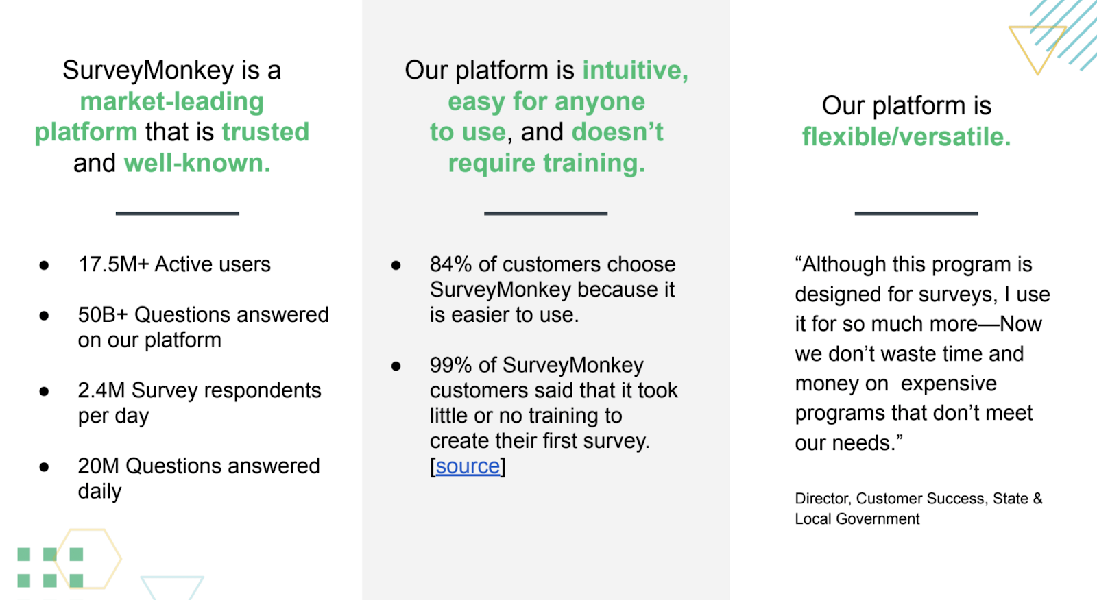 Three different claims SurveyMonkey makes in their messaging.