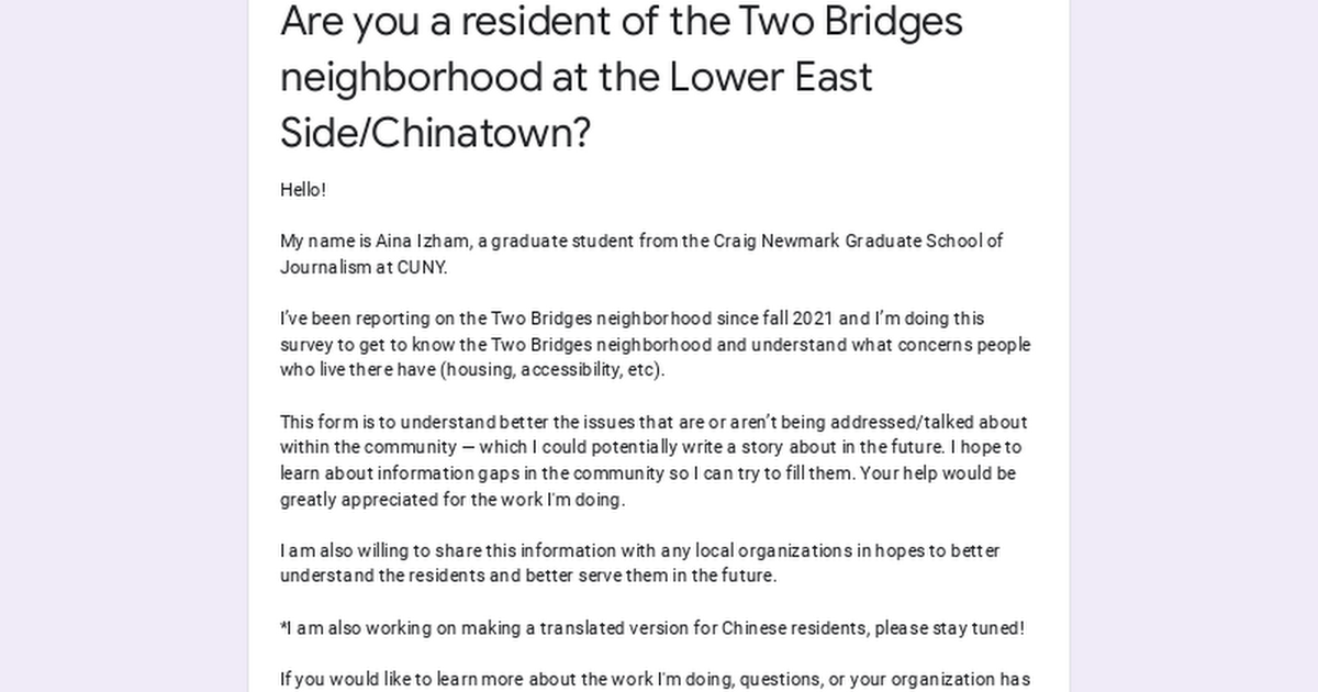 Are you a resident of the Two Bridges neighborhood at the Lower East Side/Chinatown?