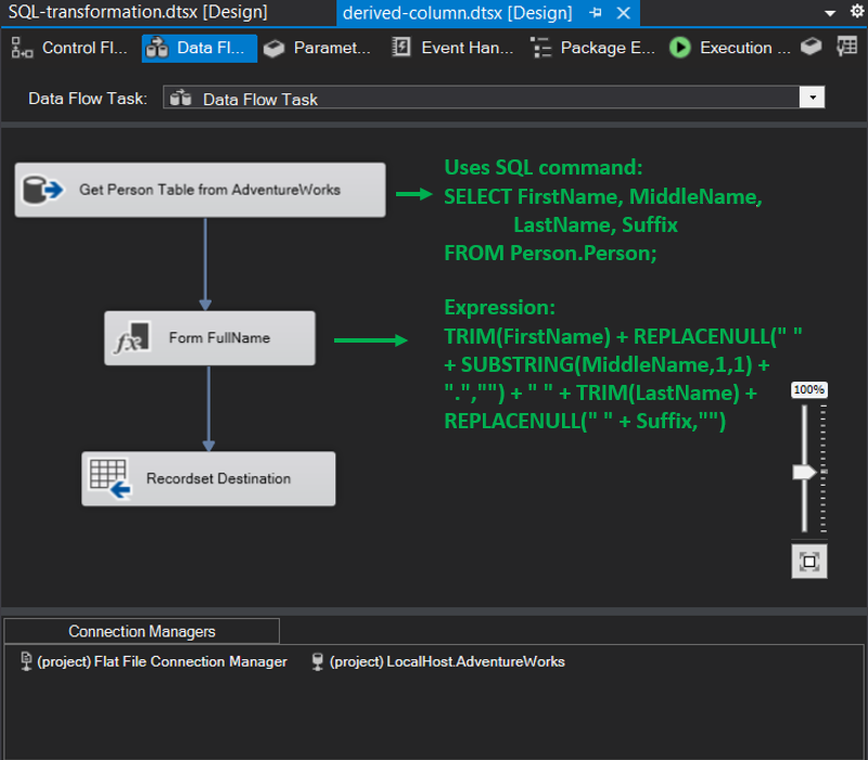 Using Derived Column transformation in a SQL Server database.