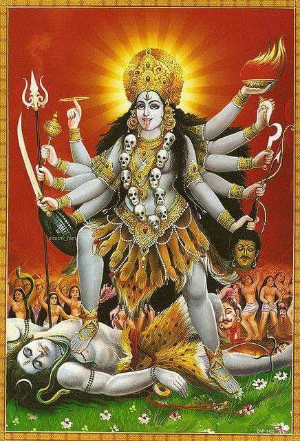 Kali is depicted here with one foot atop Shiva, holding a severed head in one of her ten arms. 