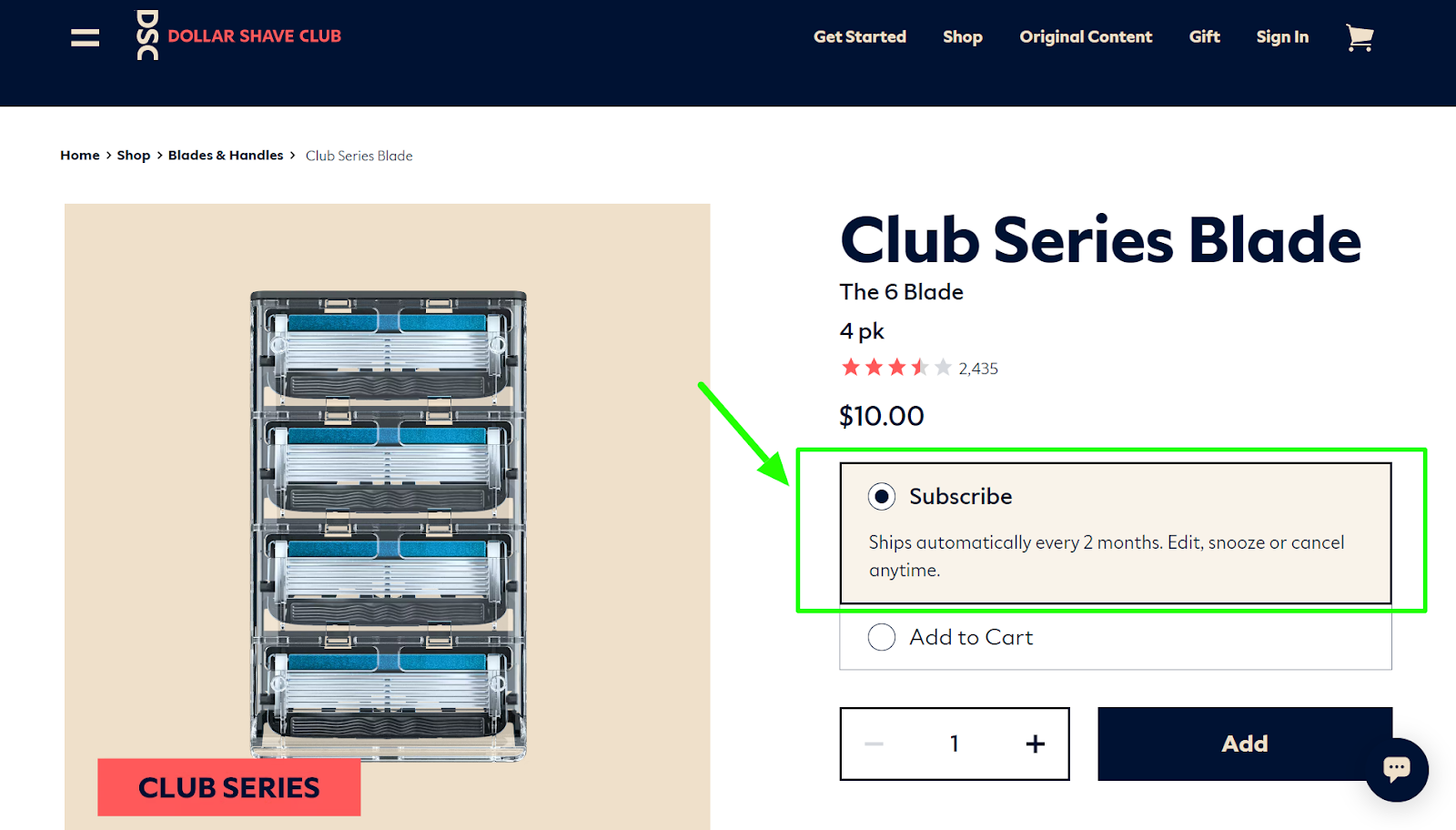 Example of subscription option added as an option to a product landing page.