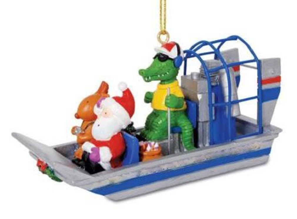 Cape Shore Alligator Guided Airboat with Santa and Reindeer Christmas Holiday Ornament Grey