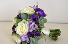 Purple Eustoma, lilac Freesia, white rose