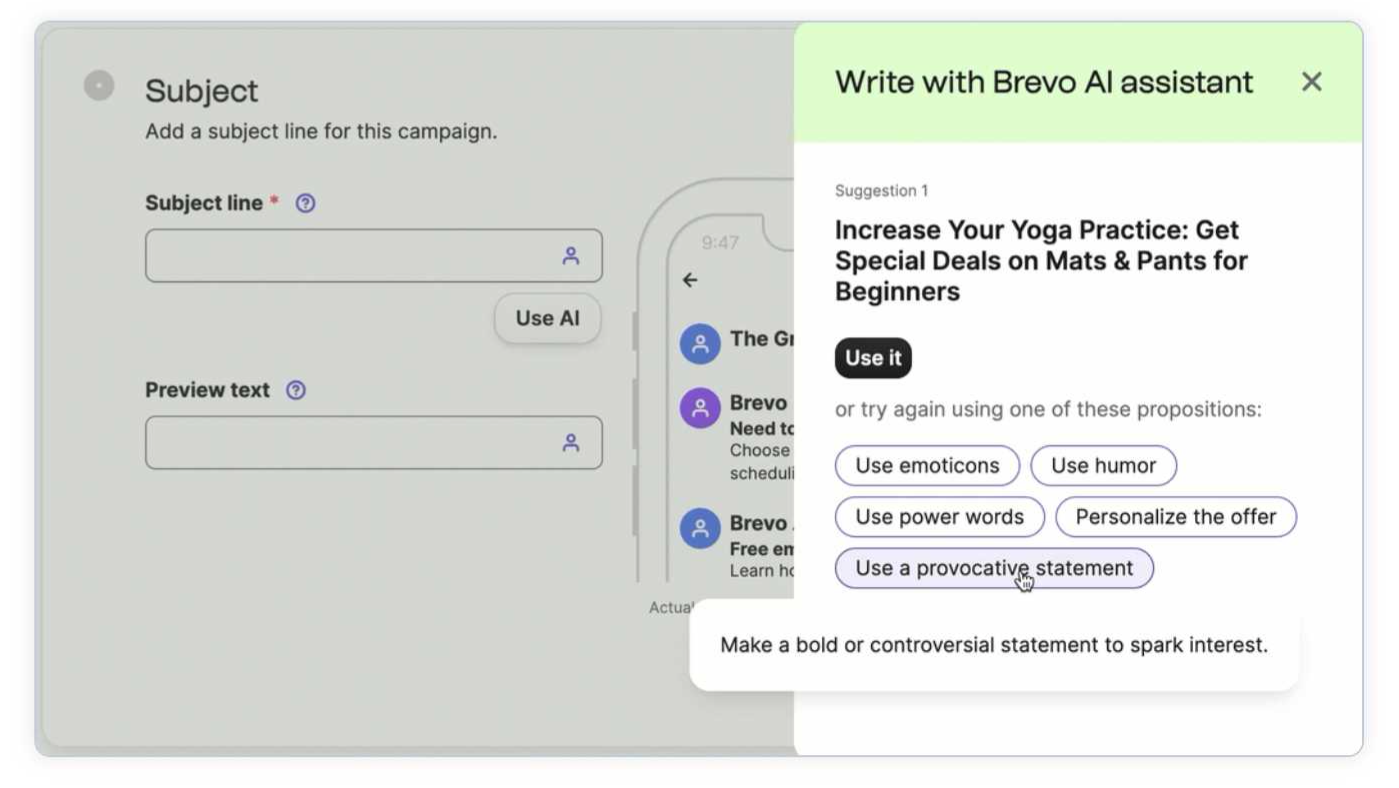 Brevo: AI marketing tools interface screenshot