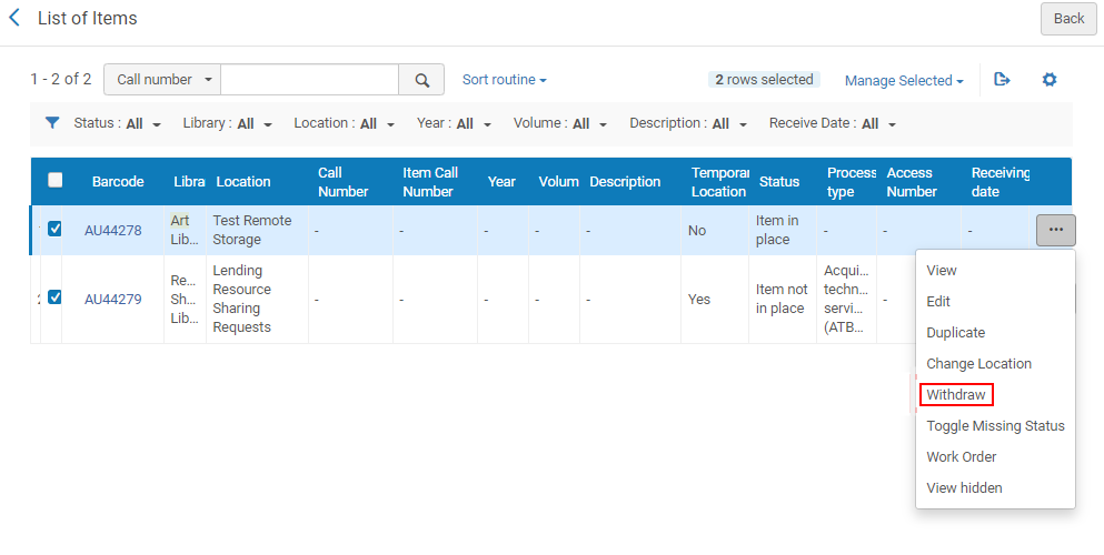 Screenshot of the List of Items with the Withdraw selection selected