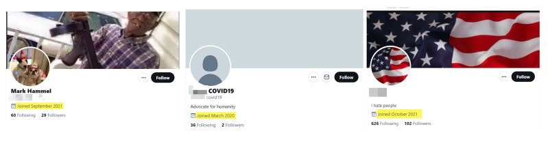 Figure 8. Profile screenshots for users retweeting all five #RacistJoe-related tweets examined.