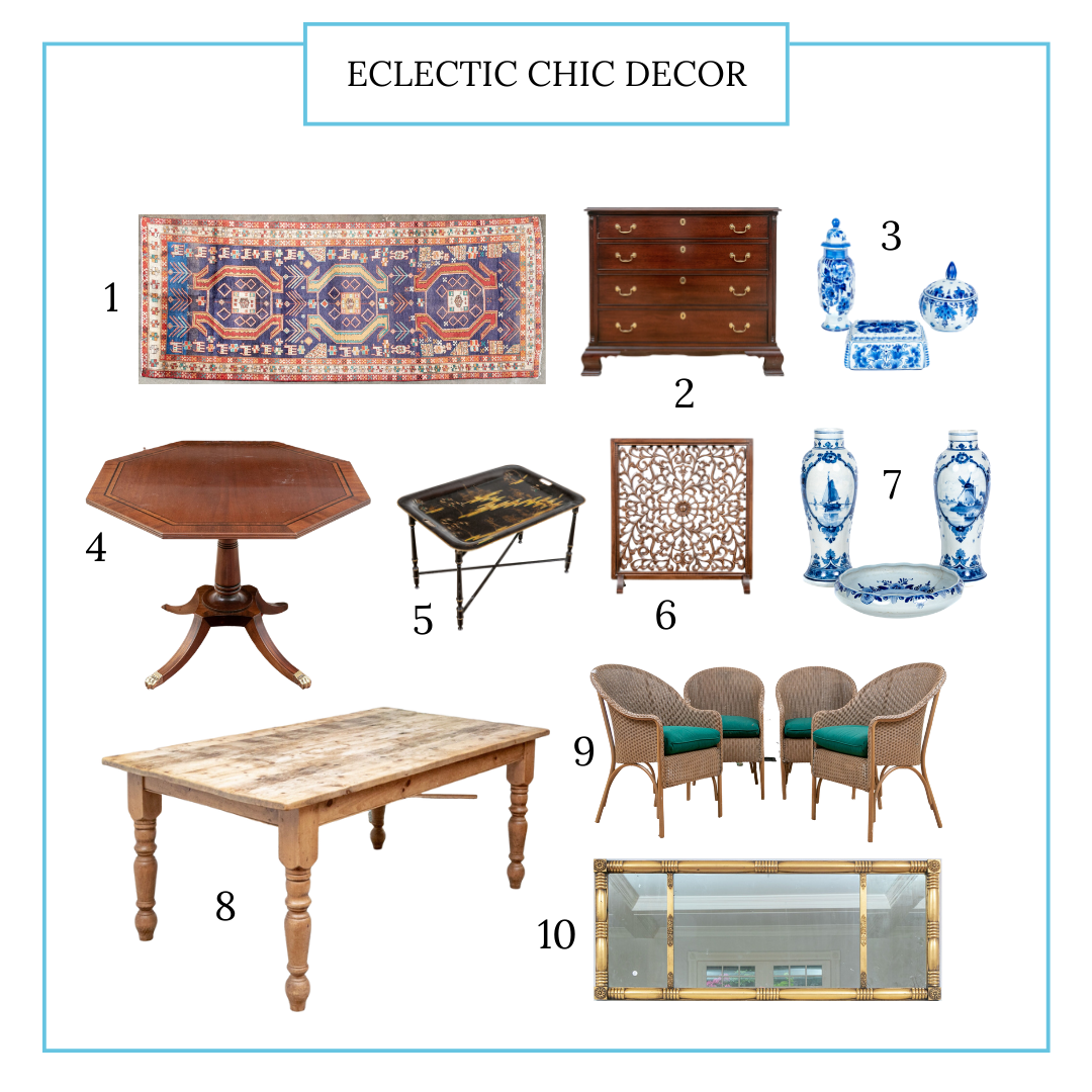 A selection of 10 lots curated by John Philip Marrs includes a runner rug, chest of drawers, several tables, chairs, mirror, blue and white porcelain, and other decorative items.