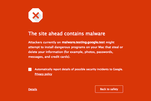 Aviso de malware no Google Chrome