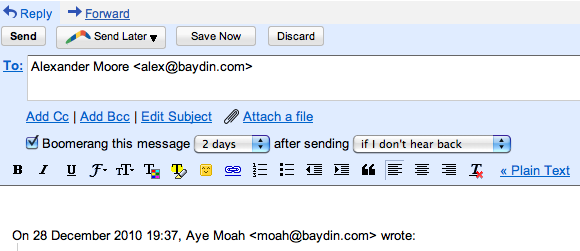Boomerang for Gmail reminder screen