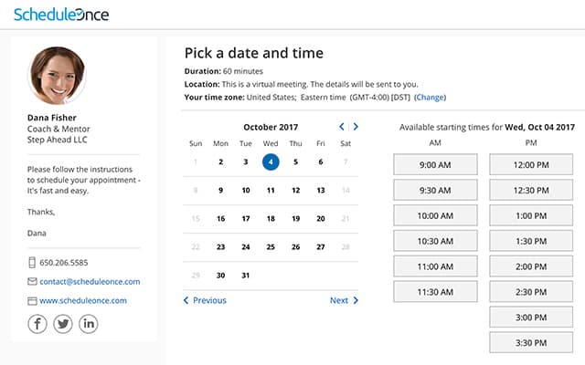 De interface van de ScheduleOnce-app bevat een kalender, een tijdschema en contactgegevens