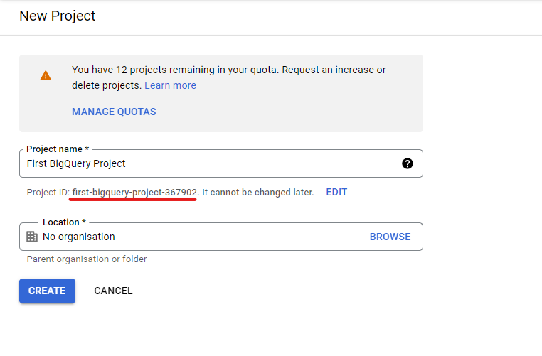 Creating a new project in BigQuery: adding details 