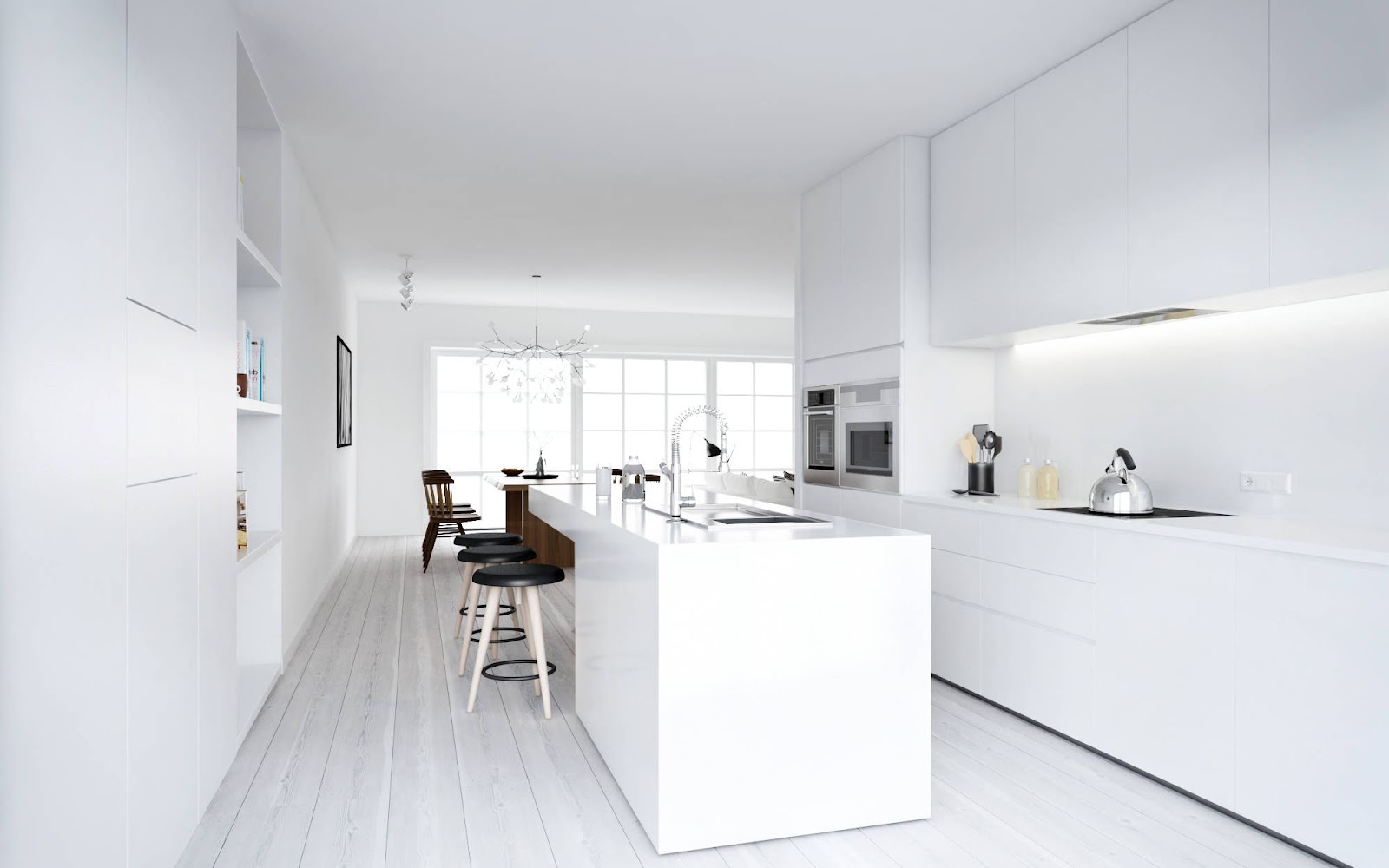 Дизайн мебели для белой кухни с островом