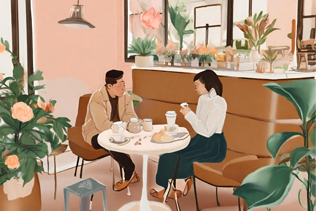 Alt text for the image of a couple sitting at a table in a cafe could be "Couple enjoying coffee at a cafe