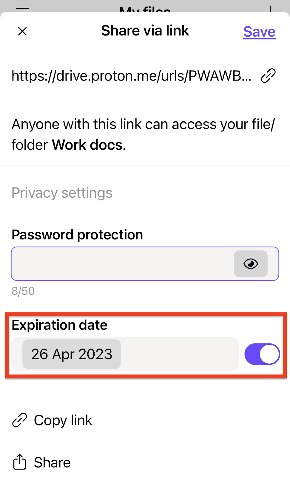Option to set an expiration date for a file-sharing link in the Proton Drive app for iPhone/iPad