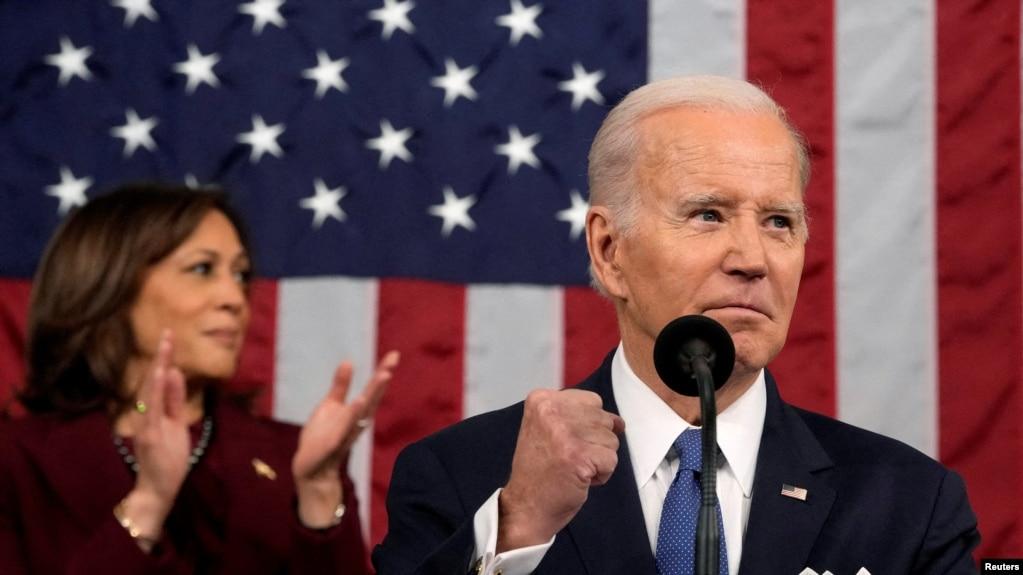 Tổng thống Joe Biden đọc thông điệp Liên bang với sự tham dự của Phó Tổng thống Kamala Harris tại phiên họp lưỡng viện Mỹ ngày 7/2/2023.