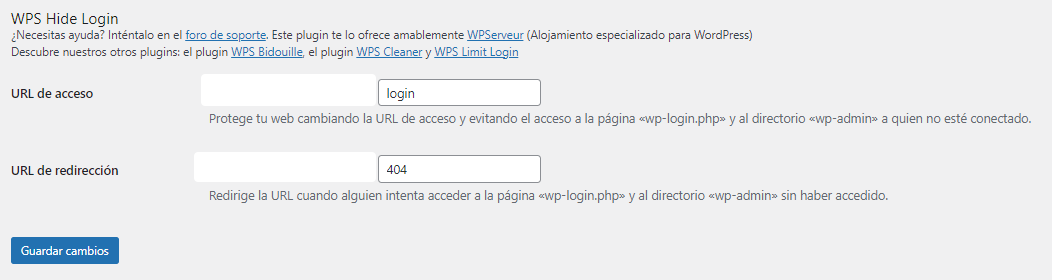 Sección de WPS Hide Login en WordPress