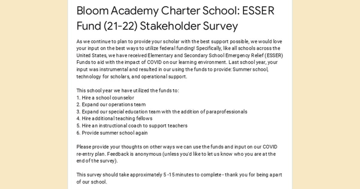 Bloom Academy Charter School: ESSER Fund (21-22) Stakeholder Survey