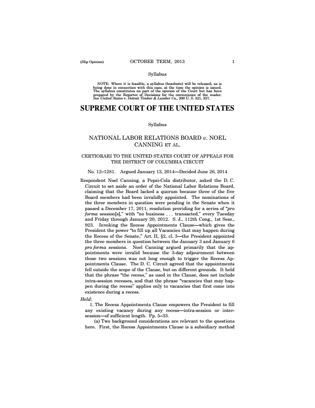 AMERICAN NEWS SERVICE: Supreme Court Decision - National Labor Relations Board vs. Noel Canning